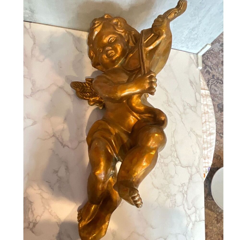 Beautiful gold painted large size cherub with violin Hollywood glam